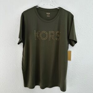 Michael Michael Kors T-Shirt Women XL Ivy Green Gold Studded Logo Casual